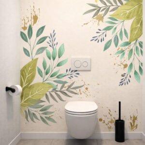 Toilettes modernes avec fresque murale végétale