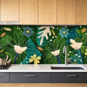 Crédence de cuisine florale verte moderne