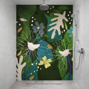Douche moderne avec fresque murale florale verte