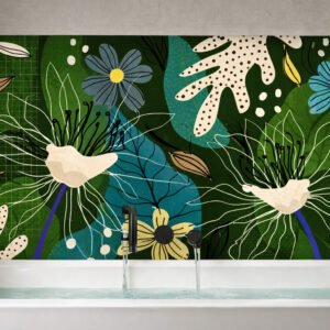 Baignoire moderne devant fresque florale colorée