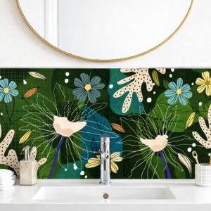 Salle de bain moderne avec crédence floral vert
