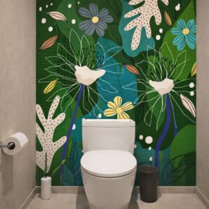 Toilettes modernes avec fresque florale colorée