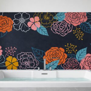 Salle de bain moderne avec fresque florale colorée
