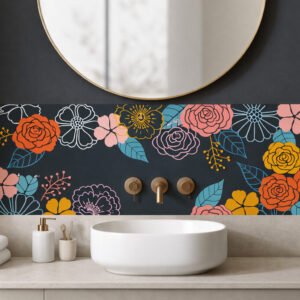 Salle de bain moderne avec credence floral coloré