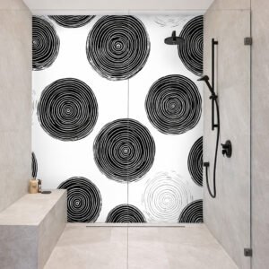 Douche moderne avec motif spirales noires murales
