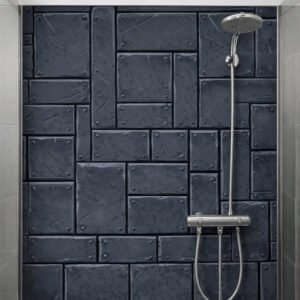 Douche moderne avec mur en panneaux métalliques bleus