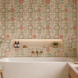 credence de bain carreau-ciment-orange-et-vert