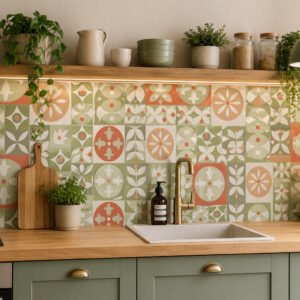 Crédence de cuisine à carreaux verts et terracotta
