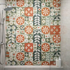 Douche moderne avec carrelage floral coloré
