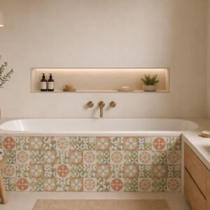 TABLIER de bain CARREAU-CIMENT---ORANGE-ET-VERT