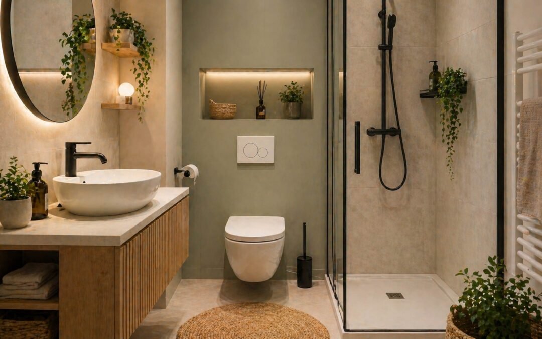 Salle de bain moderne avec douche et plantes