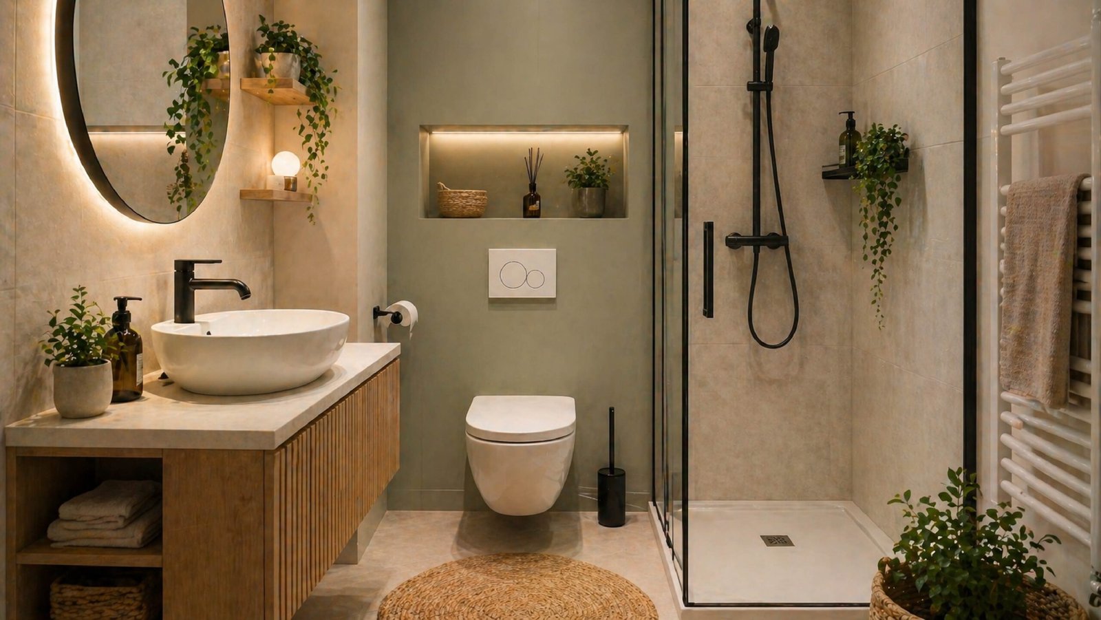 Salle de bain moderne avec douche et plantes