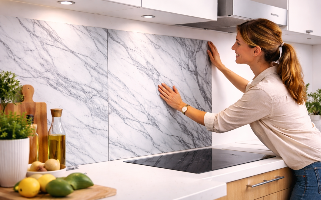 Femme installant crédence effet marbre cuisine moderne