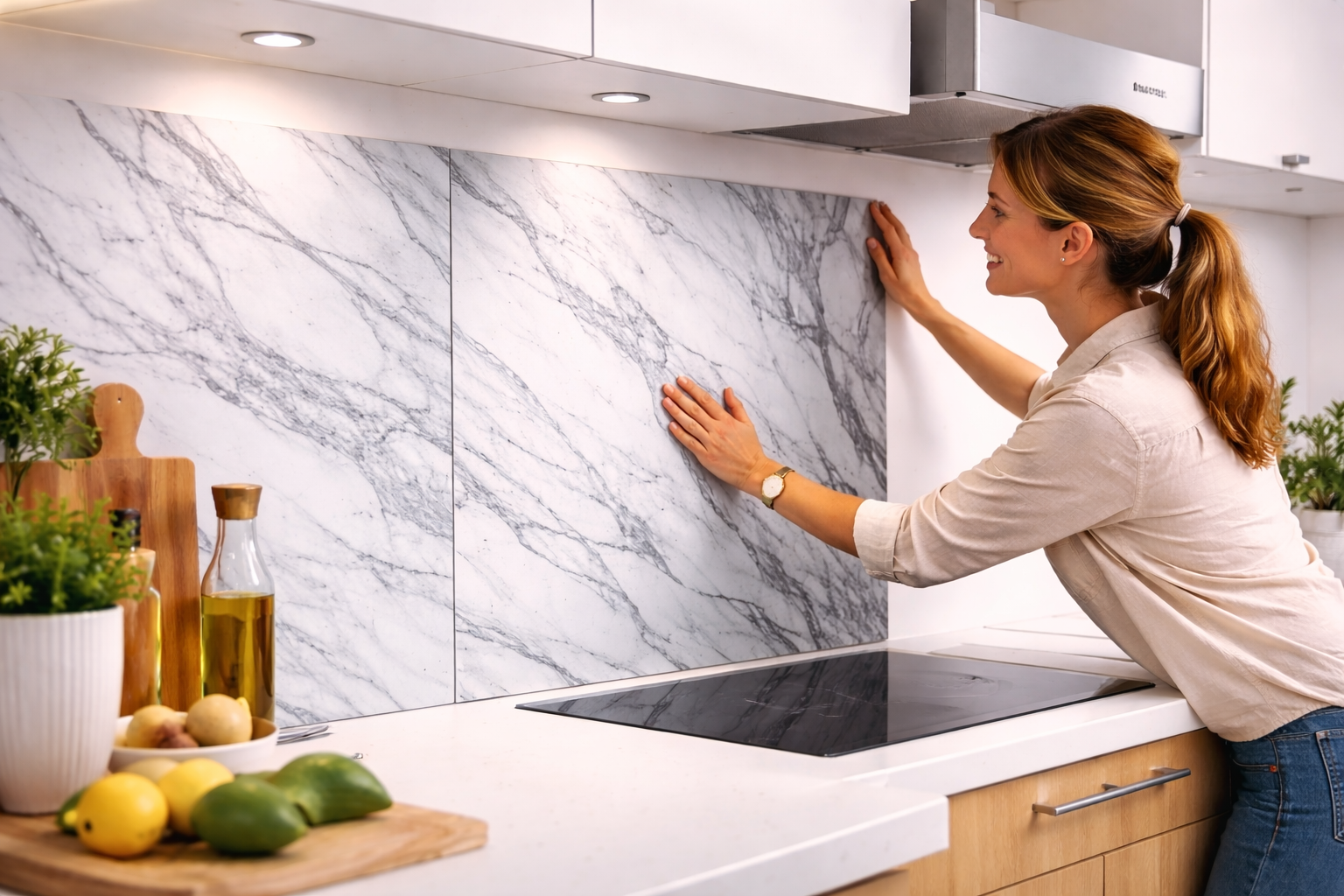 Femme installant crédence effet marbre cuisine moderne