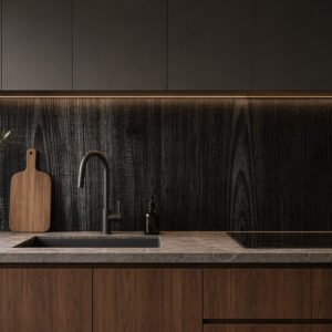 Cuisine moderne sombre avec bois et évier noir