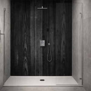 Douche moderne avec mur effet bois sombre