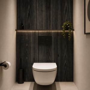 Toilettes modernes avec panneau bois sombre et étagère