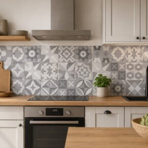 Cuisine moderne avec crédence carreaux gris décoratifs