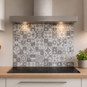 Crédence de cuisine en carreaux gris motifs géométriques