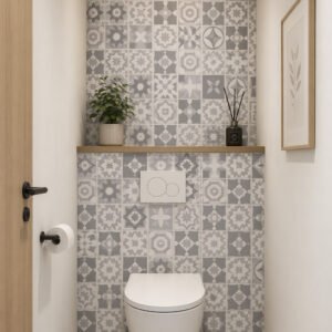 Toilettes modernes avec carreaux gris à motifs