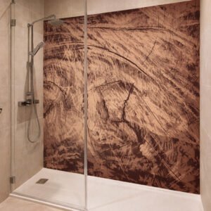 Douche moderne avec panneau mural effet bois