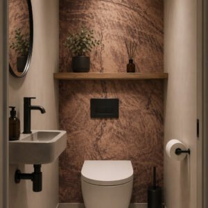 Toilettes modernes avec mur effet bois brun