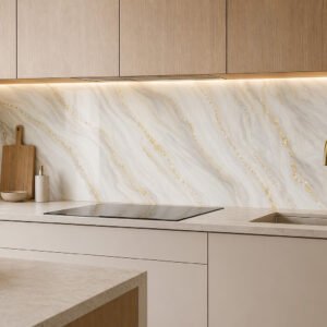 Cuisine moderne avec crédence marbre veines dorées