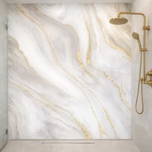 Douche moderne marbre blanc veines dorées robinetterie or