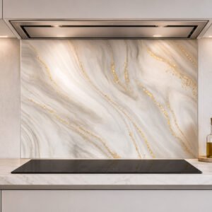 Crédence marbre blanc veines dorées cuisine moderne