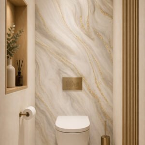 Toilettes modernes mur marbre veines dorées