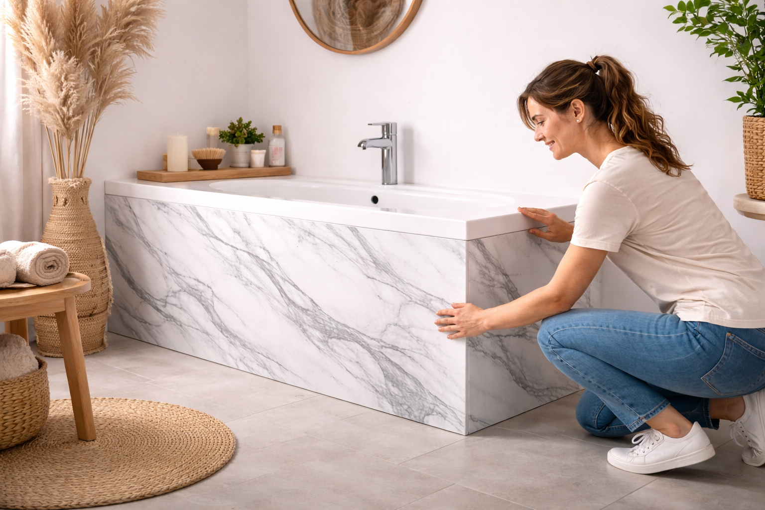 Femme installant tablier de baignoire en marbre