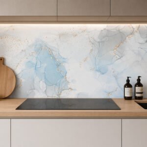 Crédence marbrée bleue et dorée cuisine moderne