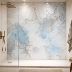 Douche moderne avec mur marbré bleu et or