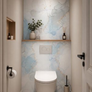 WC moderne avec mur marbré bleu et gris
