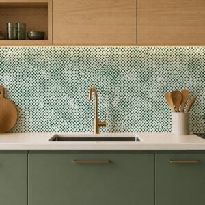 Cuisine moderne verte avec crédence mosaïque