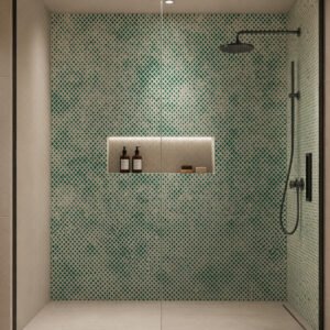 Douche moderne avec carrelage vert et paroi vitrée