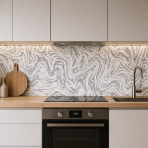 Cuisine moderne avec crédence marbrée et plan bois