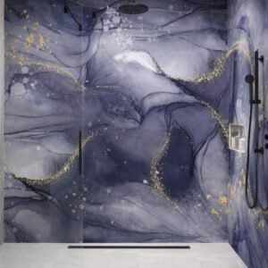 Douche moderne mur marbré violet et doré