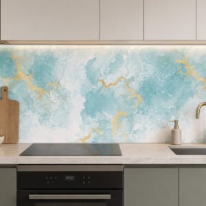 Crédence de cuisine bleue et dorée moderne