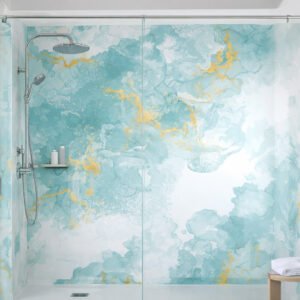 Douche moderne avec fresque abstraite turquoise et or