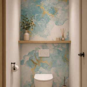 Toilettes modernes avec credence bleu et doré