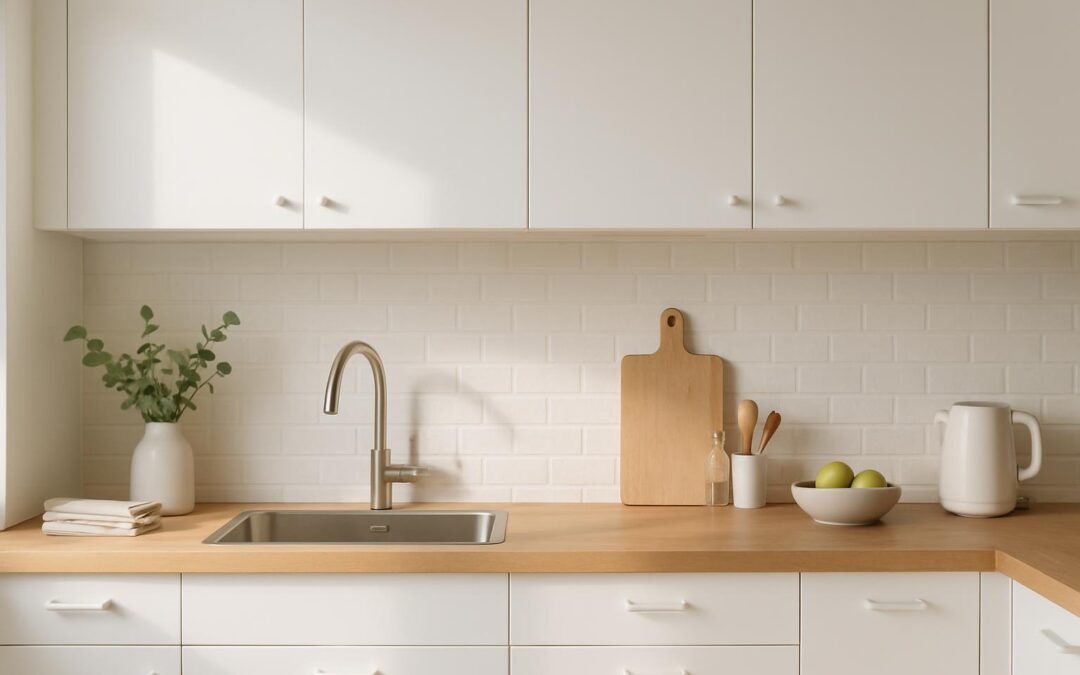 Cuisine minimaliste blanche avec plan de travail bois