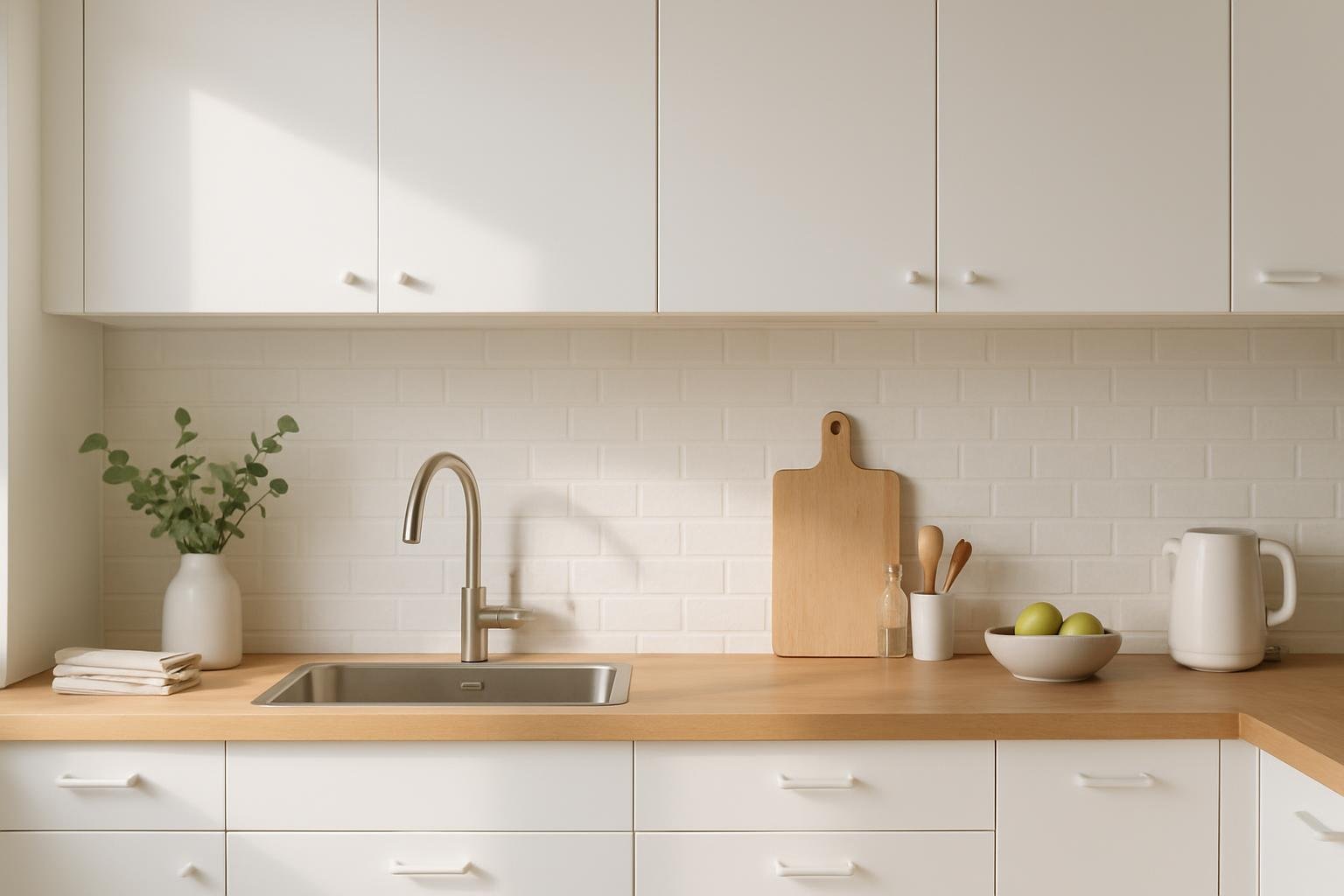 Cuisine minimaliste blanche avec plan de travail bois