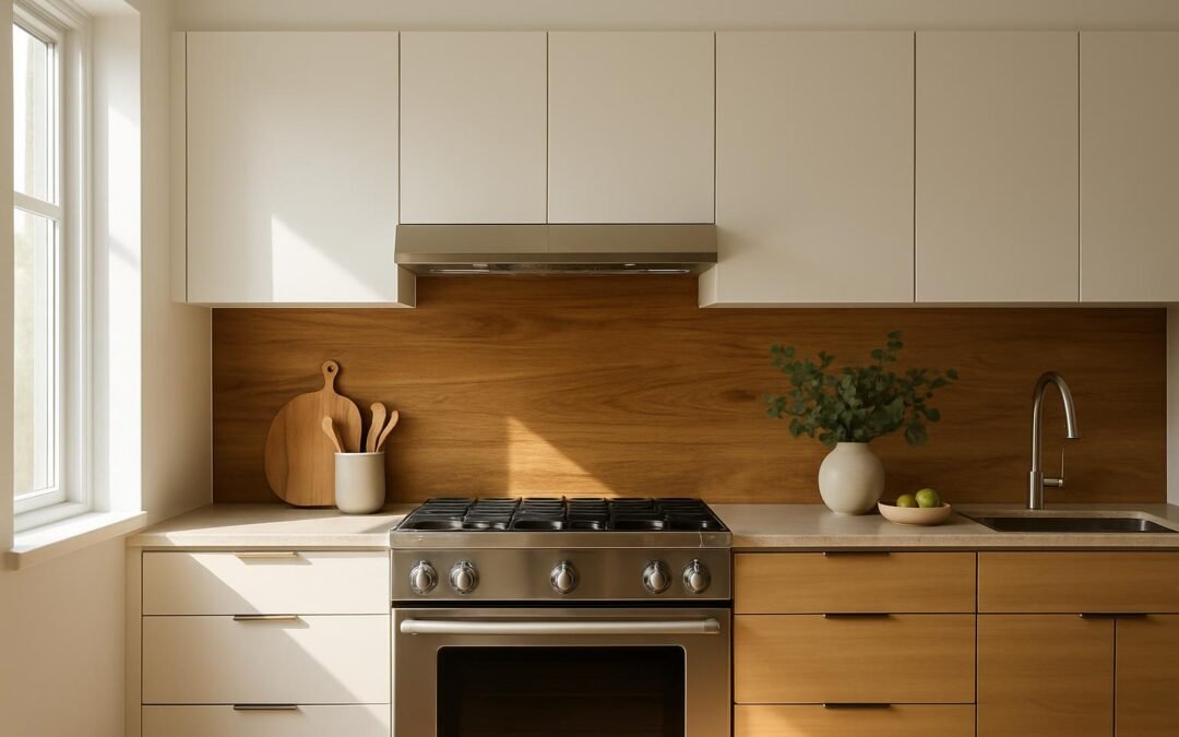 Cuisine moderne blanche avec crédence en bois