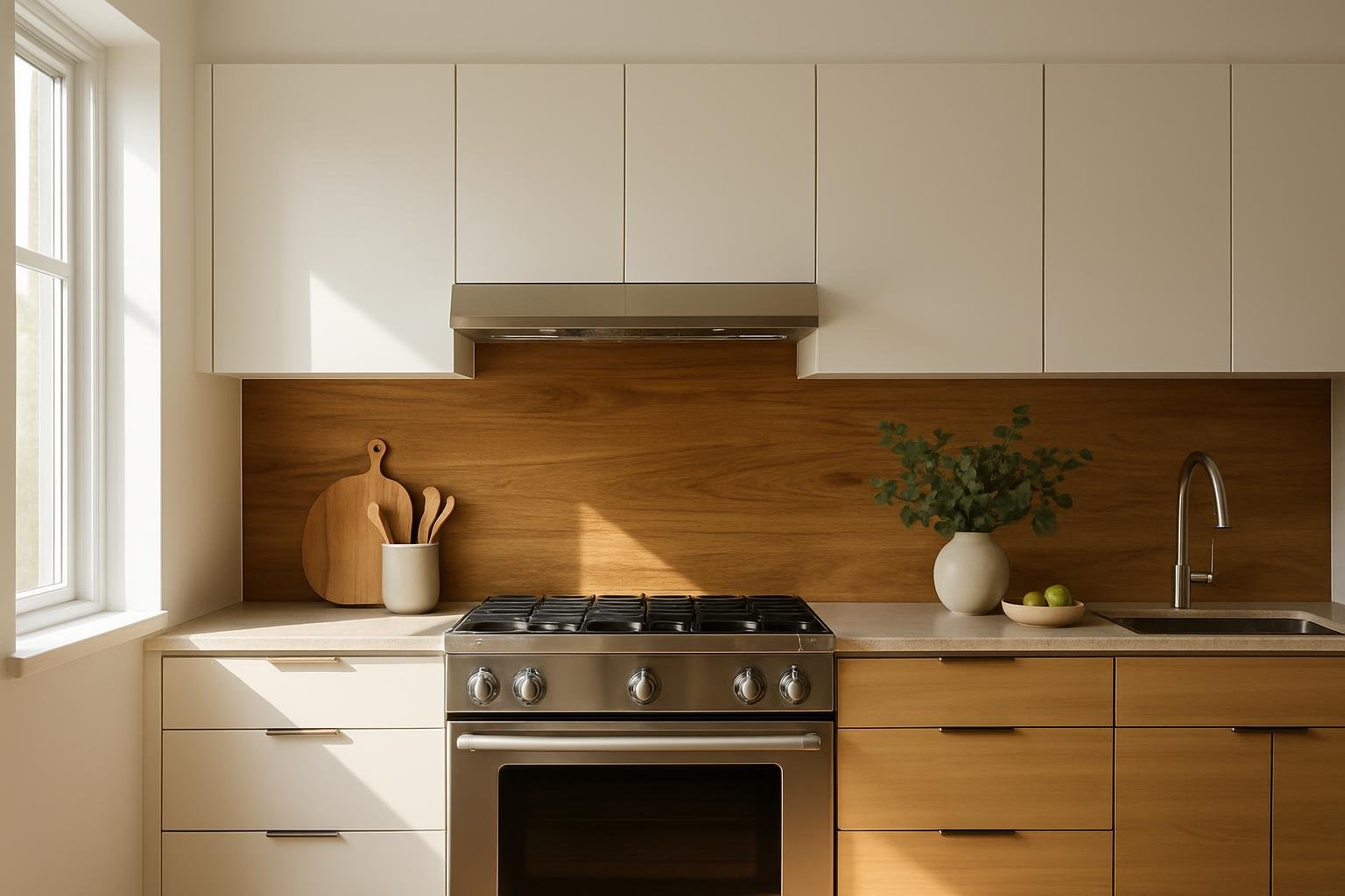 Cuisine moderne blanche avec crédence en bois