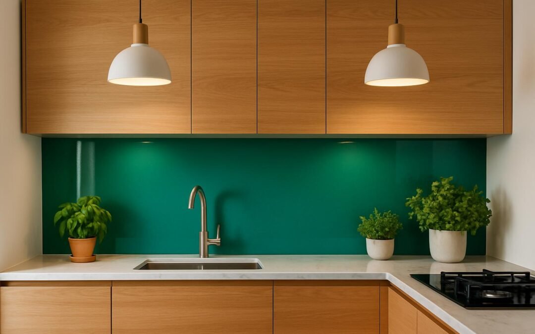 Cuisine moderne bois et crédence verte