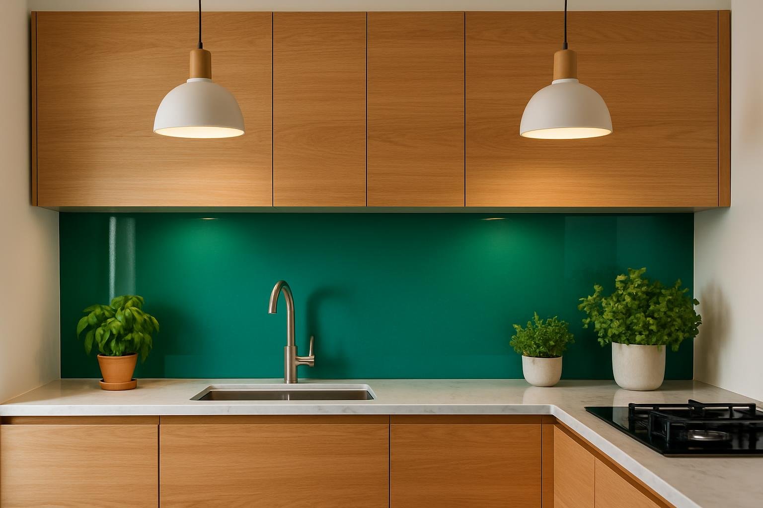 Cuisine moderne bois et crédence verte