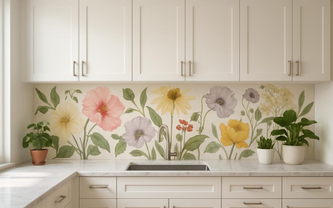 Cuisine moderne avec crédence florale colorée