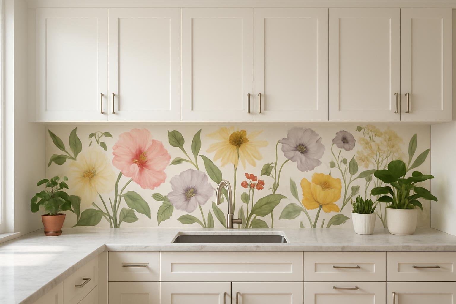 Cuisine moderne avec crédence florale colorée