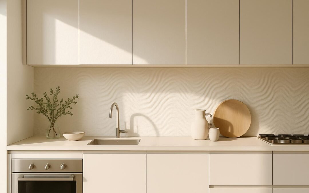 Cuisine moderne beige minimaliste avec évier et four